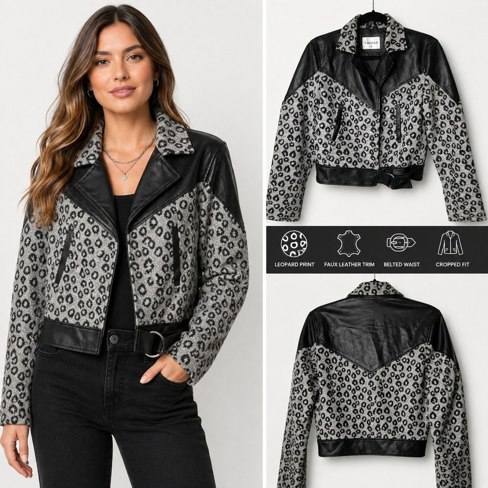 Vigoss XS Leopard Print Moto Jacket Faux Leather Trim Belted Cropped Women's Y2K